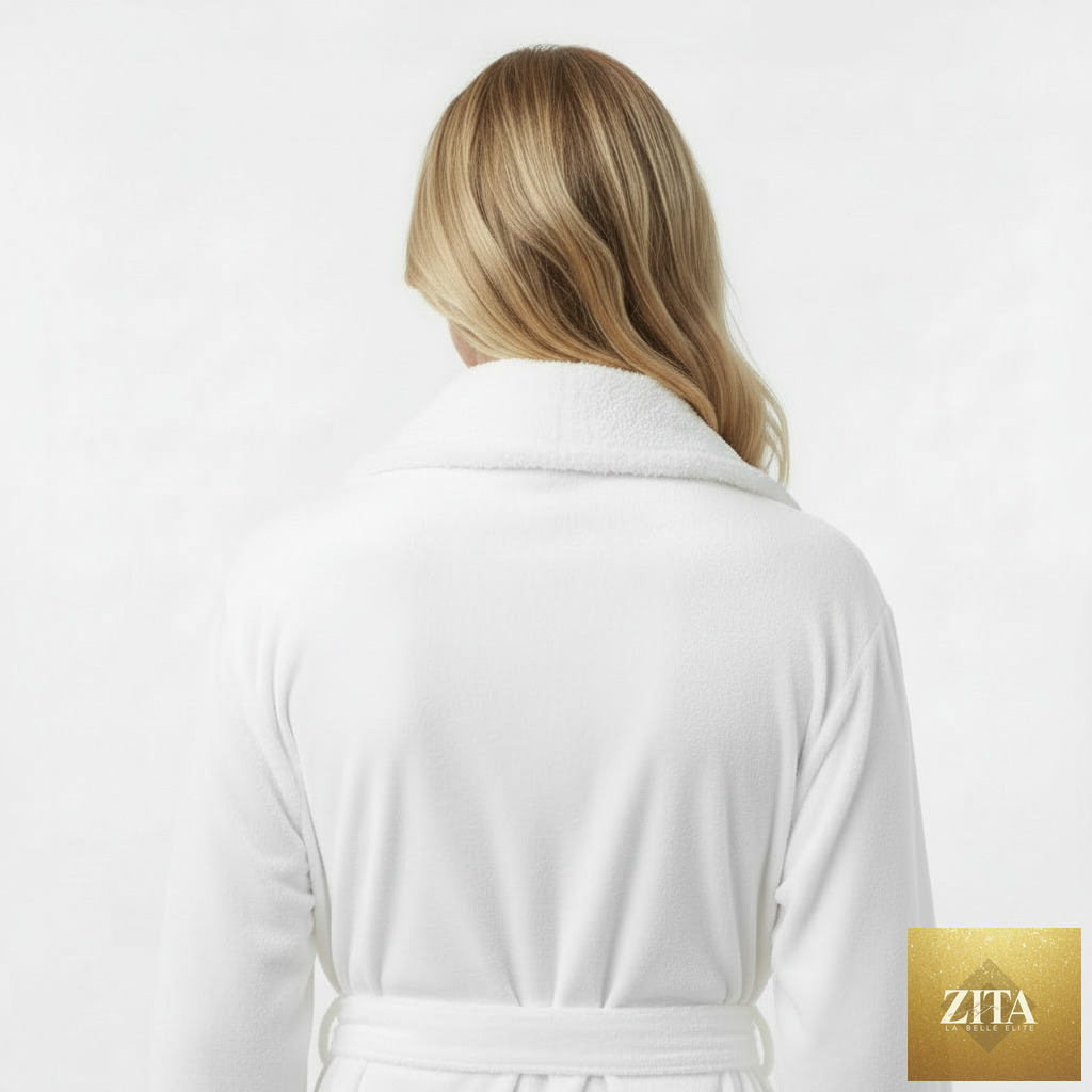 Lotus Linen women's ultra-soft plush bathrobe shown from the back in small size, white color, cozy and comfortable for relaxing.