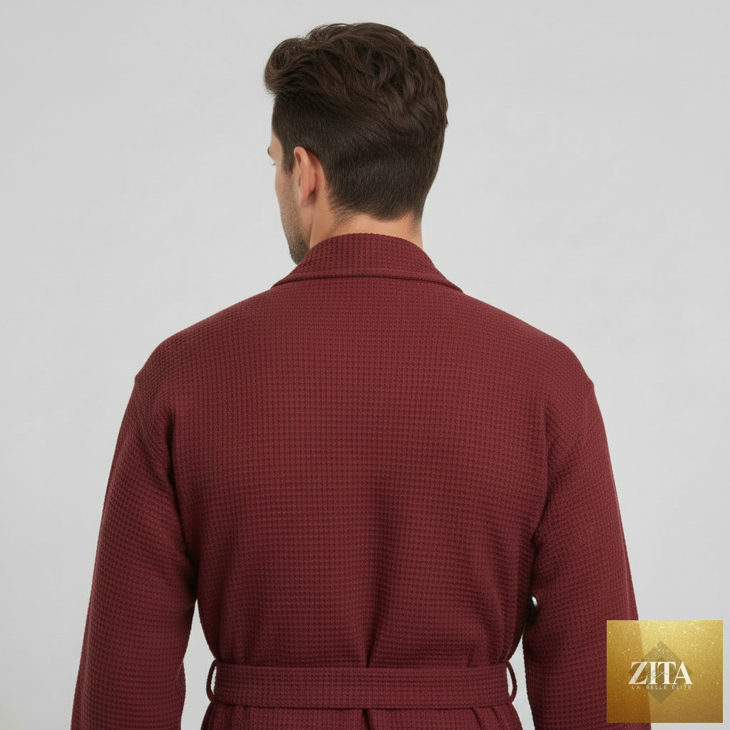 Back view of Lotus Linen men's wine-red waffle spa bathrobe, lightweight and absorbent, showing the soft textured fabric.