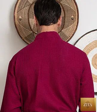 Lotus Linen men's waffle spa bathrobe in wine red, lightweight and absorbent, shown from the back with a small size fit.