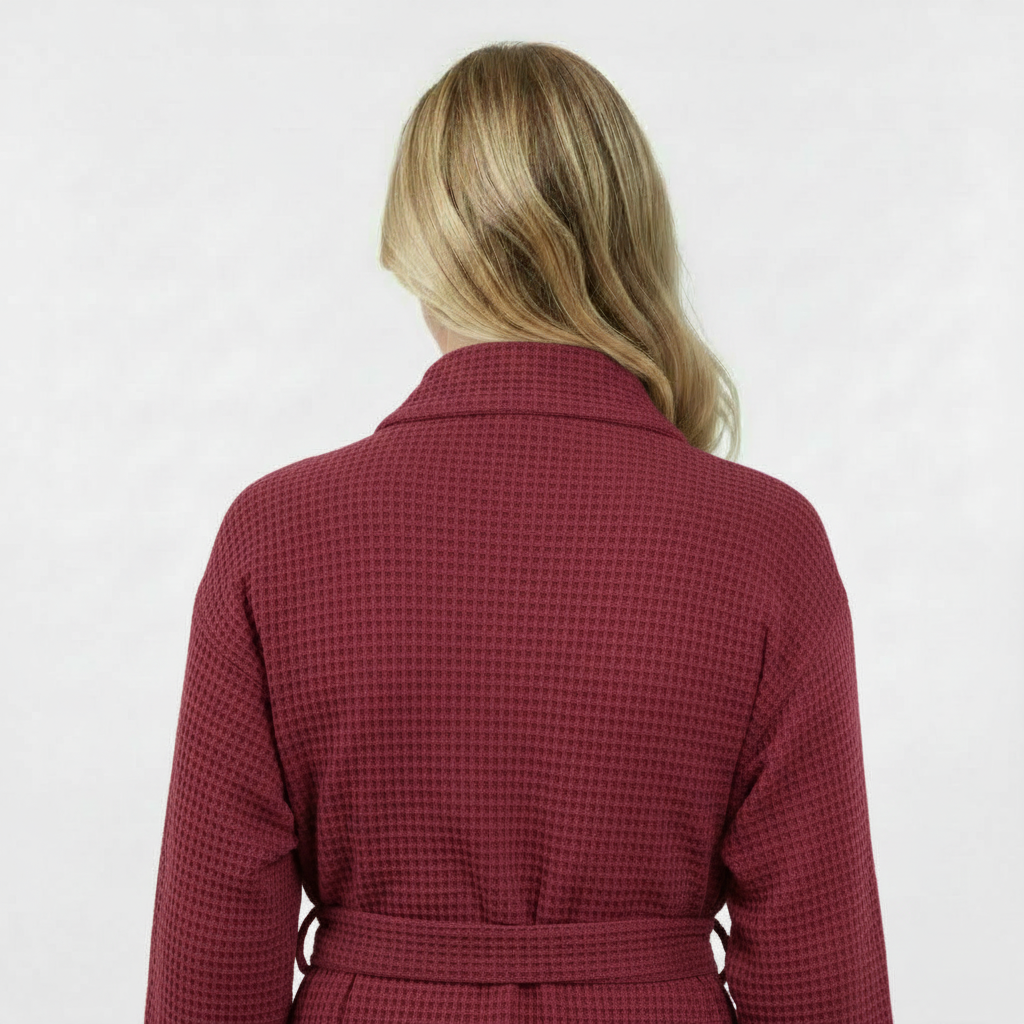 Back view of a women's lightweight wine-red Lotus Linen waffle robe, quick-dry spa comfort robe with small size design.