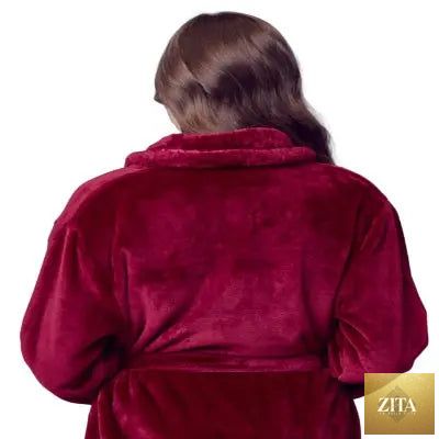 Back view of Lotus Linen women's plush bathrobe in small wine red, showing soft, cozy fabric and relaxed fit.