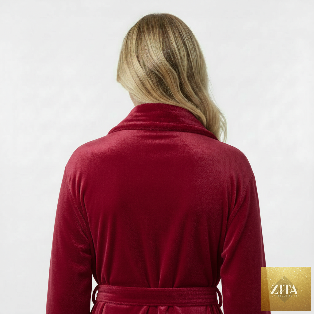 Back view of small wine-red women's ultra-soft plush bathrobe from Lotus Linen, showcasing cozy, plush fabric and relaxed fit.