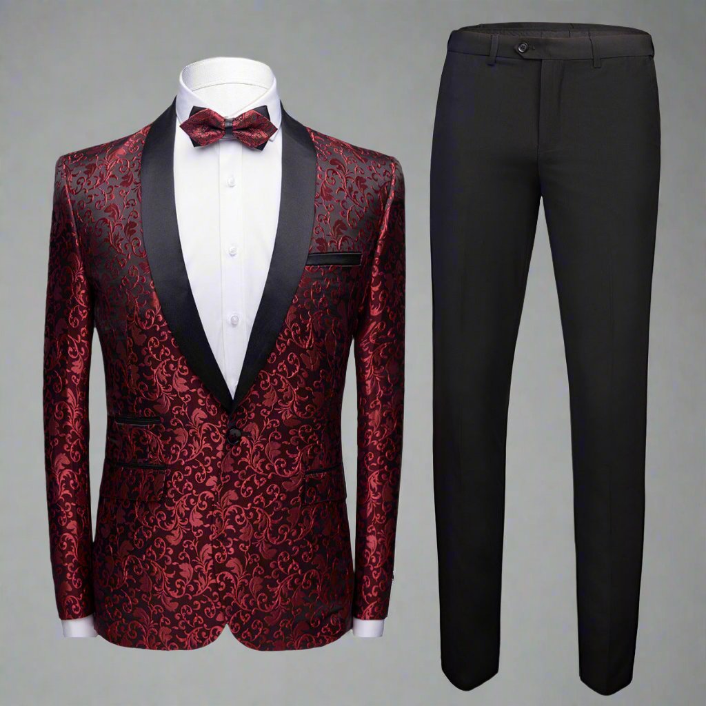 Donjohnbyvictoriacharles men's slim fit suit with blazer, pants, and vest, tailored for a sleek, modern look, shown against a neutral background.