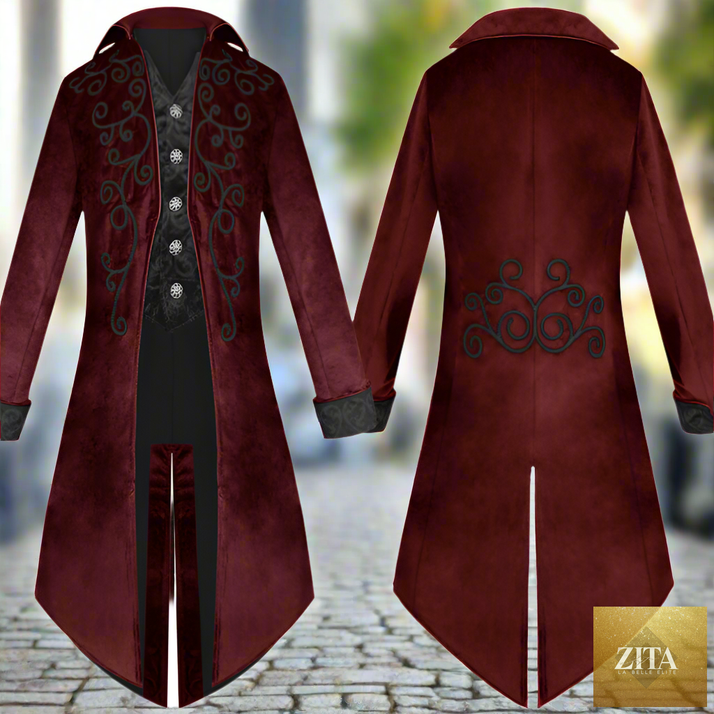 Renaissance men's Gothic tailcoat jacket by Zita La Belle Elite, featuring dark fabric, ornate details, and a dramatic Victorian style.