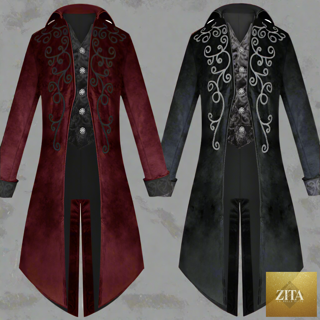 Men's Gothic Tailcoat jacket by Zita La Belle Elite, Renaissance style with dark, elegant fabric and ornate design details.