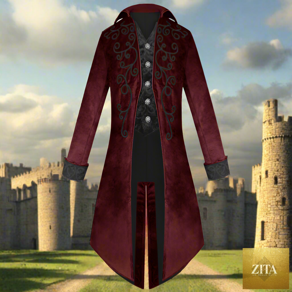 Gothic tailcoat jacket for men by Zita La Belle Elite, featuring Renaissance-inspired design with dark, elegant details.