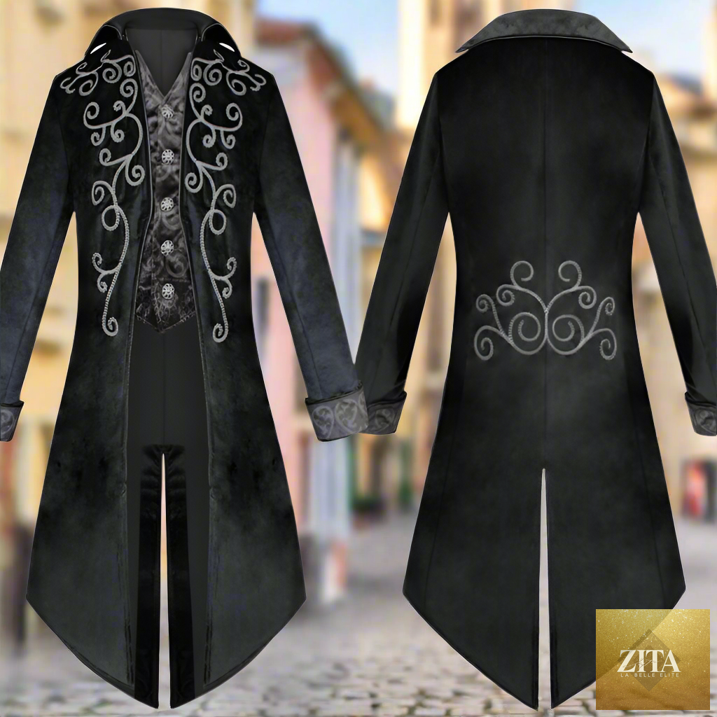 Men's Gothic tailcoat jacket by Zita La Belle Elite featuring a Renaissance-inspired design with dark, elegant fabric and detailed tailoring.