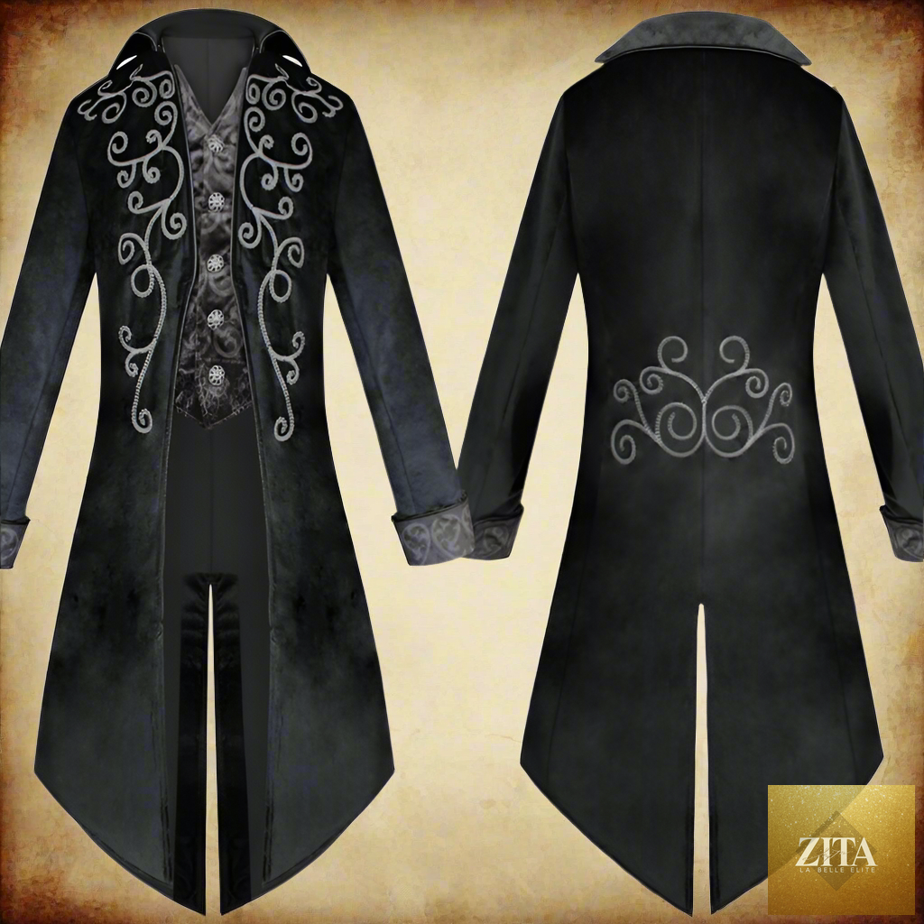 Gothic tailcoat jacket for men by Zita La Belle Elite, Renaissance-inspired design with dark fabric and ornate details.
