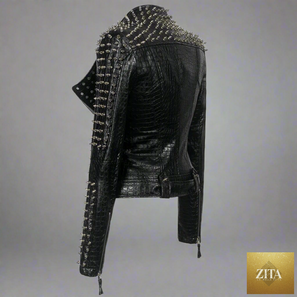Women’s black leather jacket by Zita La Belle Elite, stylish fitted design with front zipper and collar detail.
