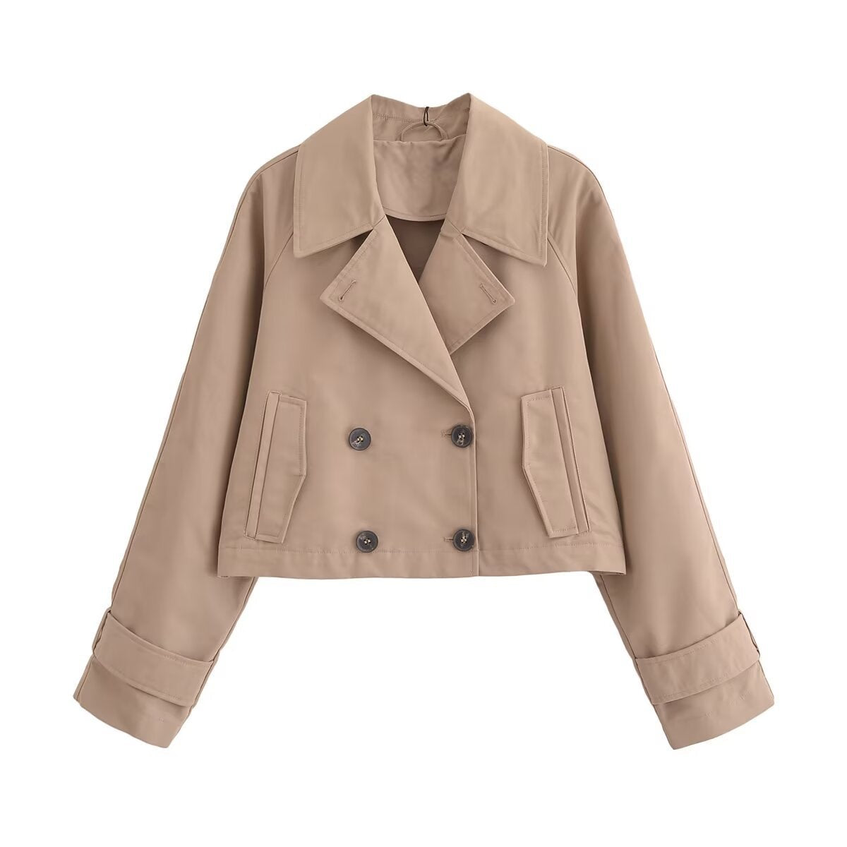 European and American style women's French trench coat with long sleeves, elegant jacket, beige color, classic design.