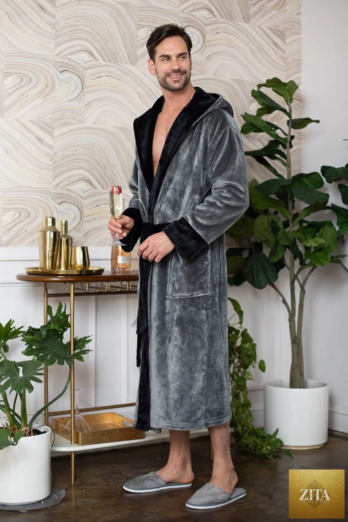 Men’s plush hooded bathrobe from Lotus Linen, ultra-soft and comfortable for everyday wear, featuring a cozy hood and relaxed fit.