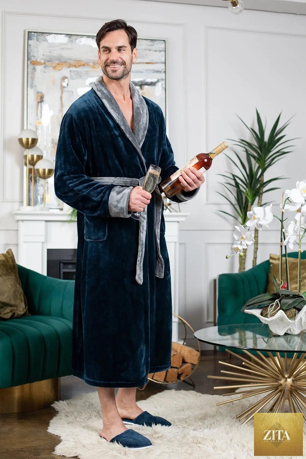 Lotus Linen cozy men's plush bathrobe, soft and warm, designed for comfort and durability, shown hanging on a wooden hook.