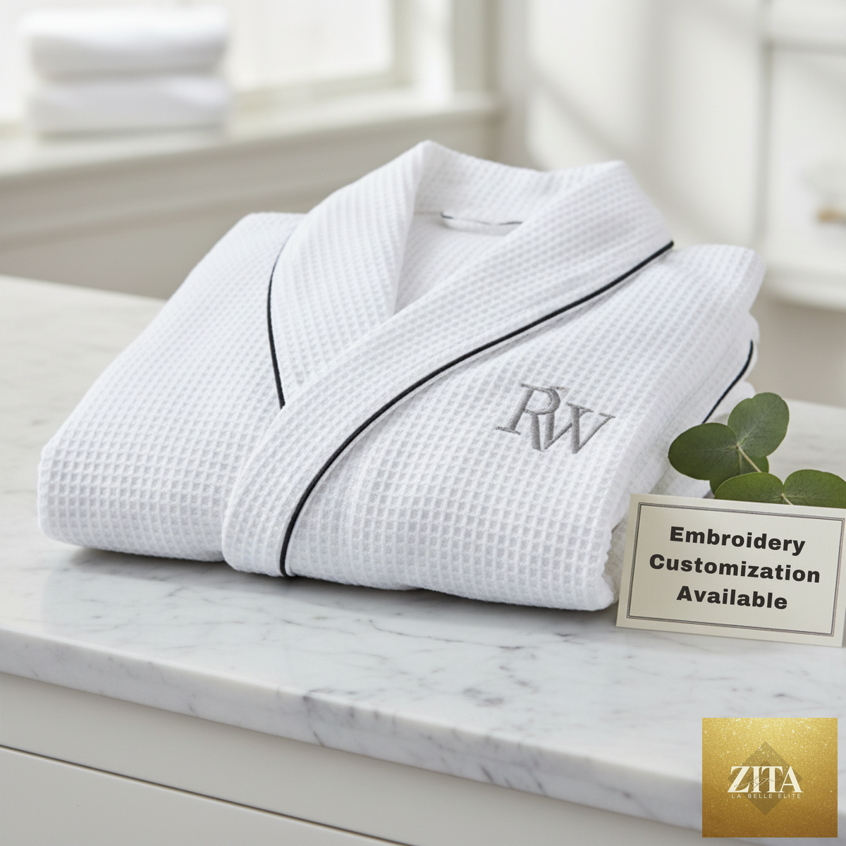 Luxurious men's waffle piping robe by Lotus Linen, soft and comfortable bathrobe with a stylish design and piping details.