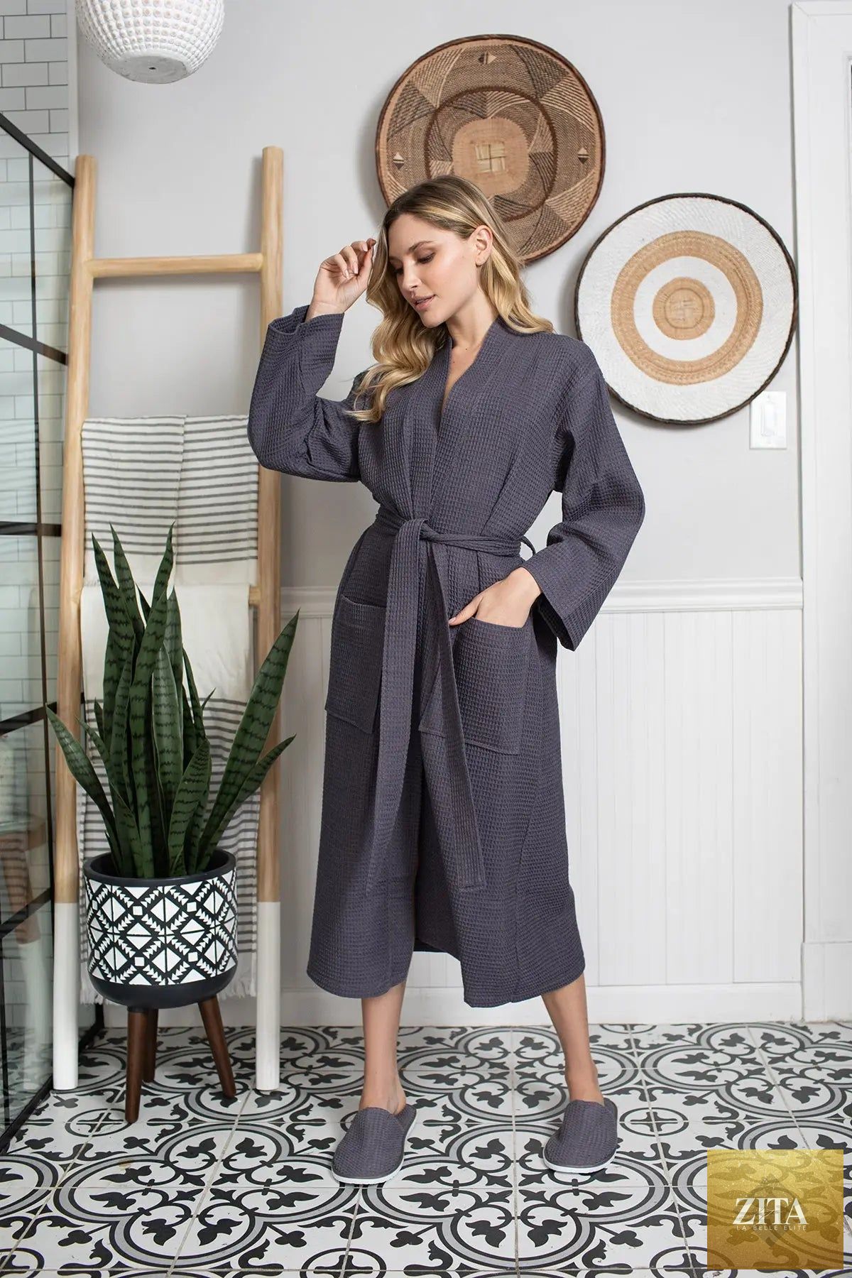 Lightweight women's waffle robe by Lotus Linen, quick-dry spa robe with soft, comfortable fabric for relaxation.
