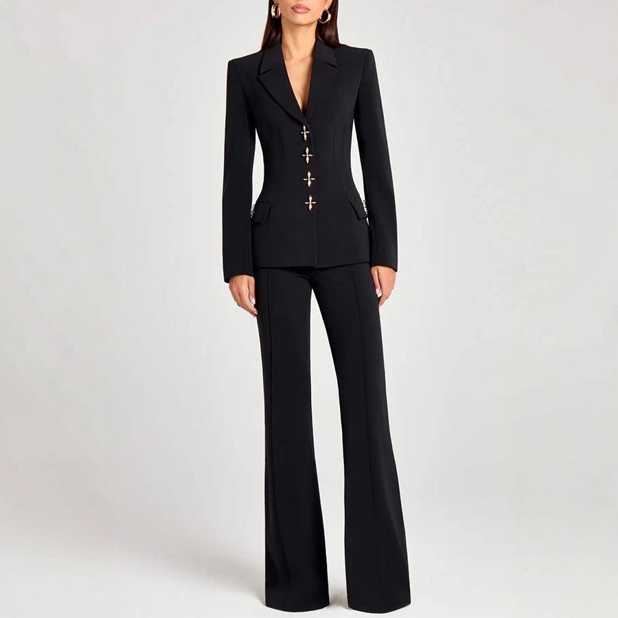 Women's solid-color long-sleeve blazer with metallic zipper detail, casualwear by FitiqueFit, shown on a hanger.