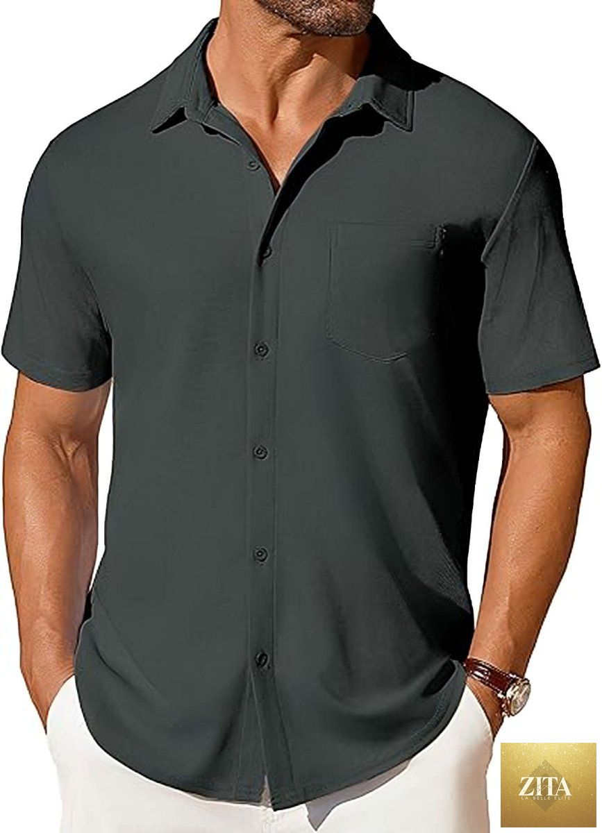 Mandotos men's short-sleeve button-up shirt with wrinkle-resistant fabric, shown in a casual style on a hanger.