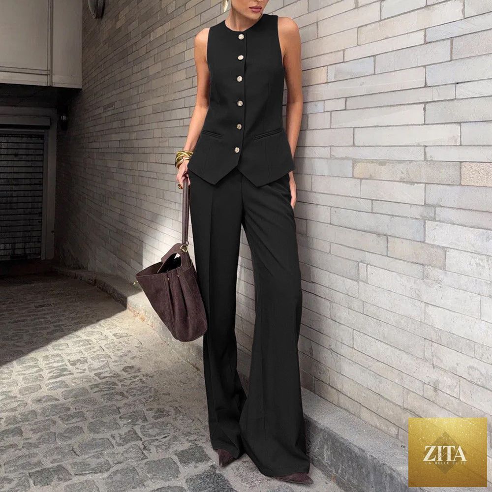 Zita La Belle Elite women's casualwear sleeveless vest and wide-leg pants set, stylish office 2-piece outfit.