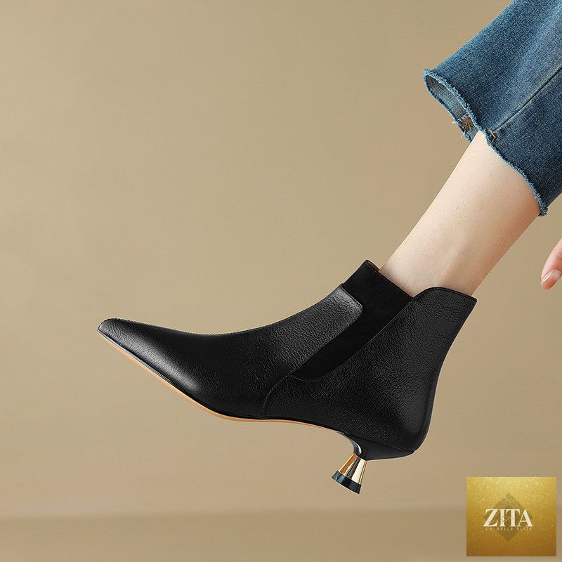 Women's genuine leather kitten heel ankle boots by FitiqueFit with pointed toe and side zip, stylish footwear for versatile wear.