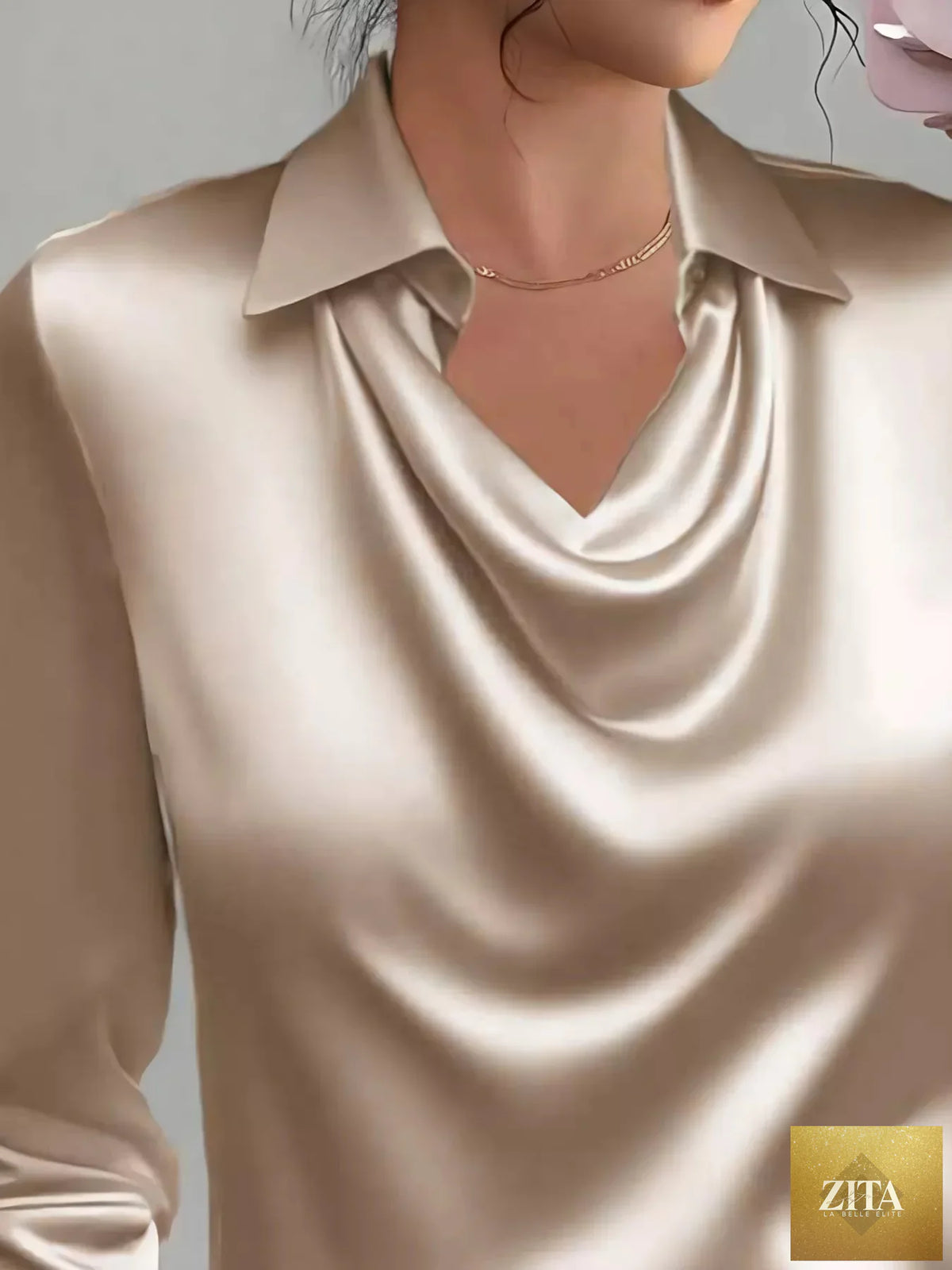 Zita La Belle Elite satin long sleeve blouse with a collared neck, shown in a close-up image highlighting the satin fabric and collar detail.