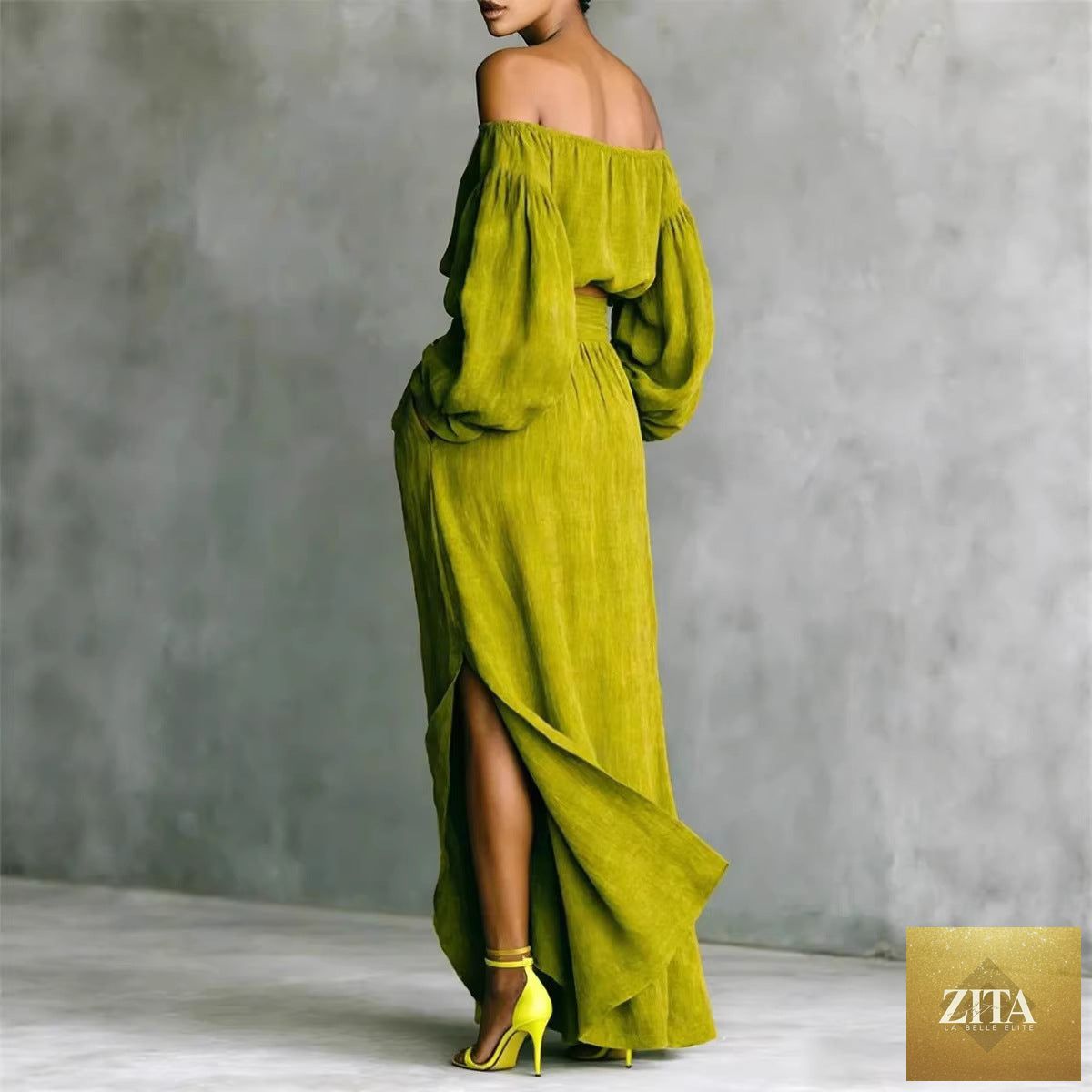 Zita La Belle Elite off-shoulder top with asymmetrical maxi skirt set, stylish women's casualwear, light fabric, trendy look.