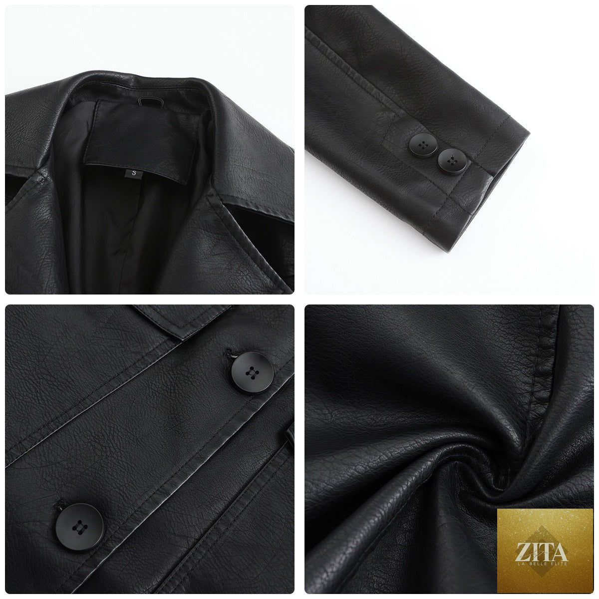Women’s long leather trench coat by FitiqueFit, stylish black outerwear with classic lapels and belt, perfect for fashion-forward looks.