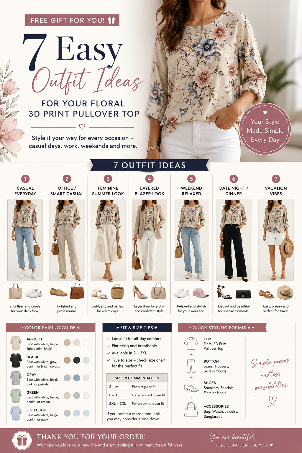 Women's floral 3D print pullover top by FitiqueFit, loose fit casualwear with floral design, available in sizes S to 3XL.
