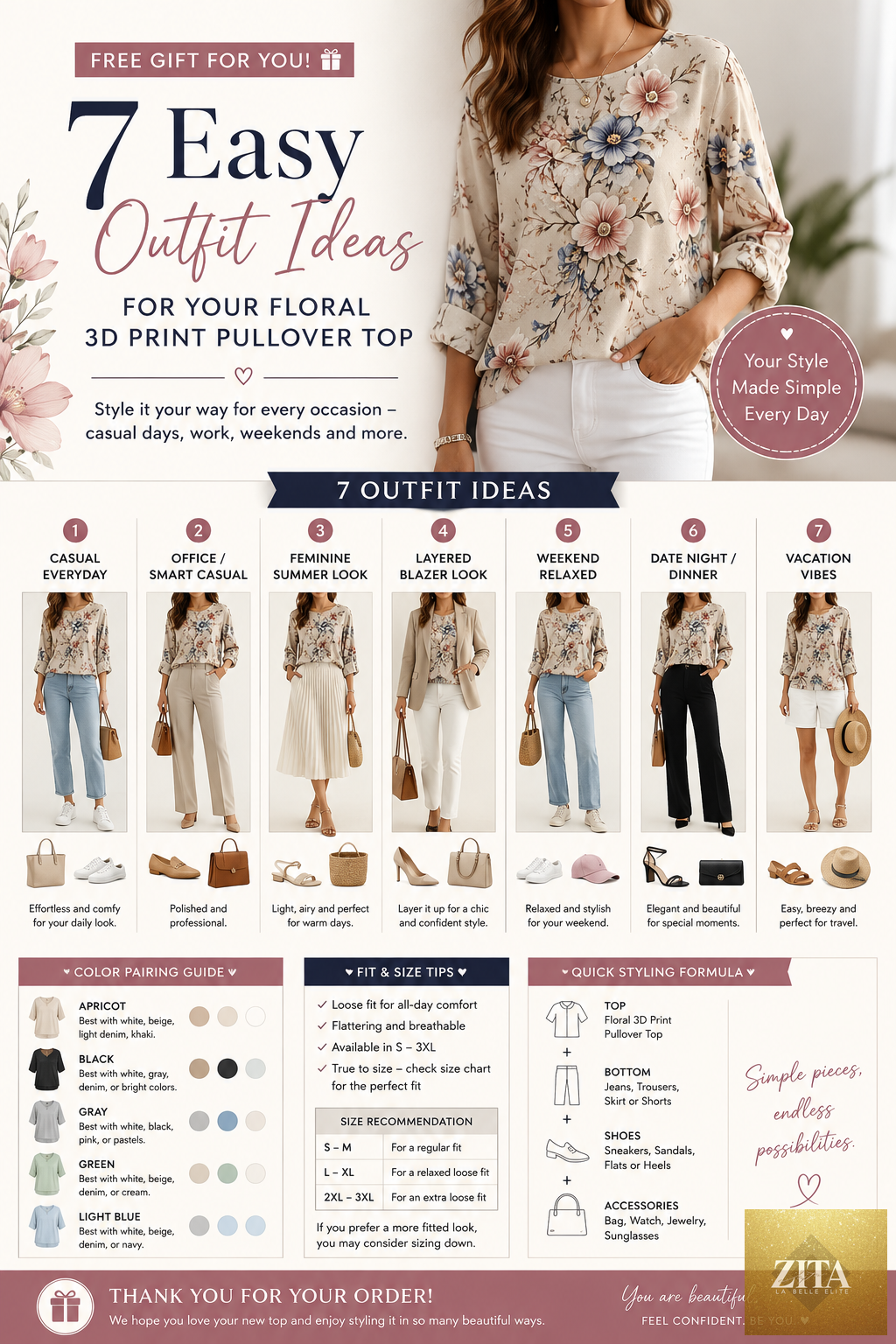 Women's floral 3D print pullover top by FitiqueFit, loose fit casualwear with floral design, available in sizes S to 3XL.