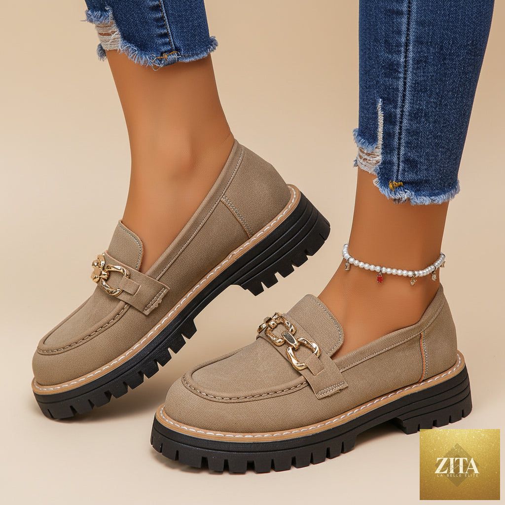 Women's British-style FitiqueFit chunky block heel low-top shoes, beige leather with laces and sturdy sole, casual footwear for women.