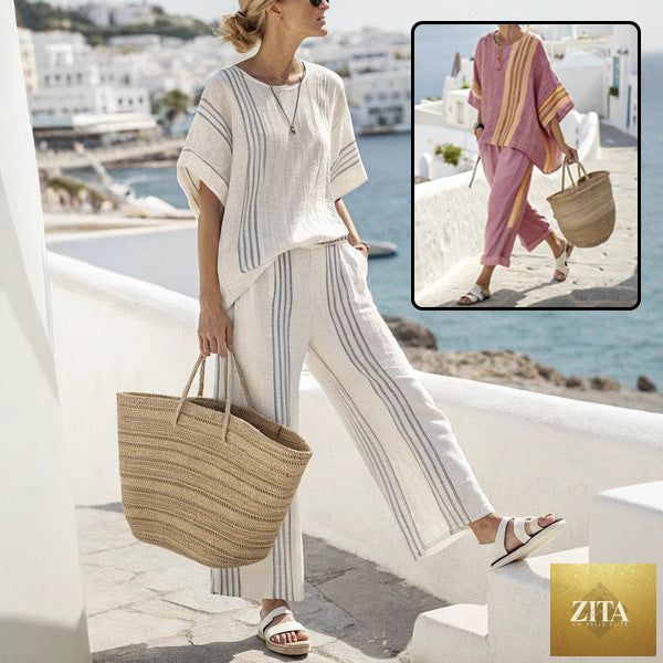 Zita La Belle Elite 3D print batwing sleeve two-piece set with loose T-shirt and straight-leg pants, stylish and comfortable clothing ensemble.