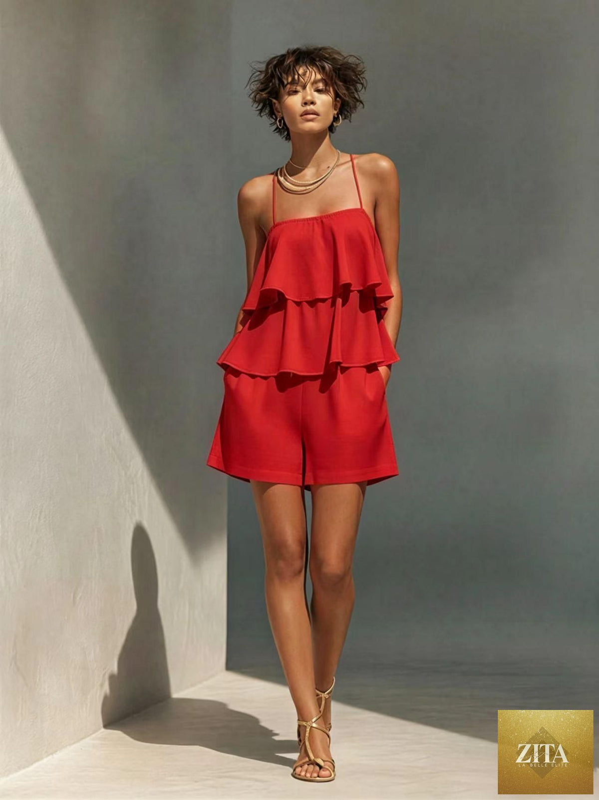 Women's multi-layer ruffle camisole and shorts casualwear set by Zita La Belle Elite, featuring layered ruffle details and comfortable fit.