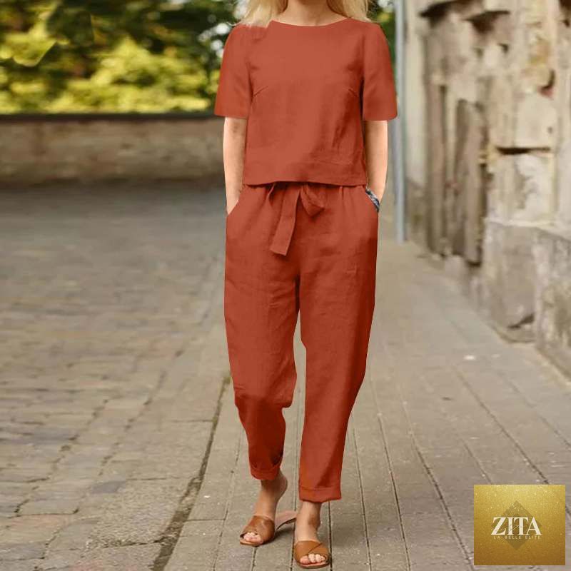 Zita La Belle Elite wide-leg pants two-piece set in solid color, casual lounge suit with relaxed fit and comfortable fabric.