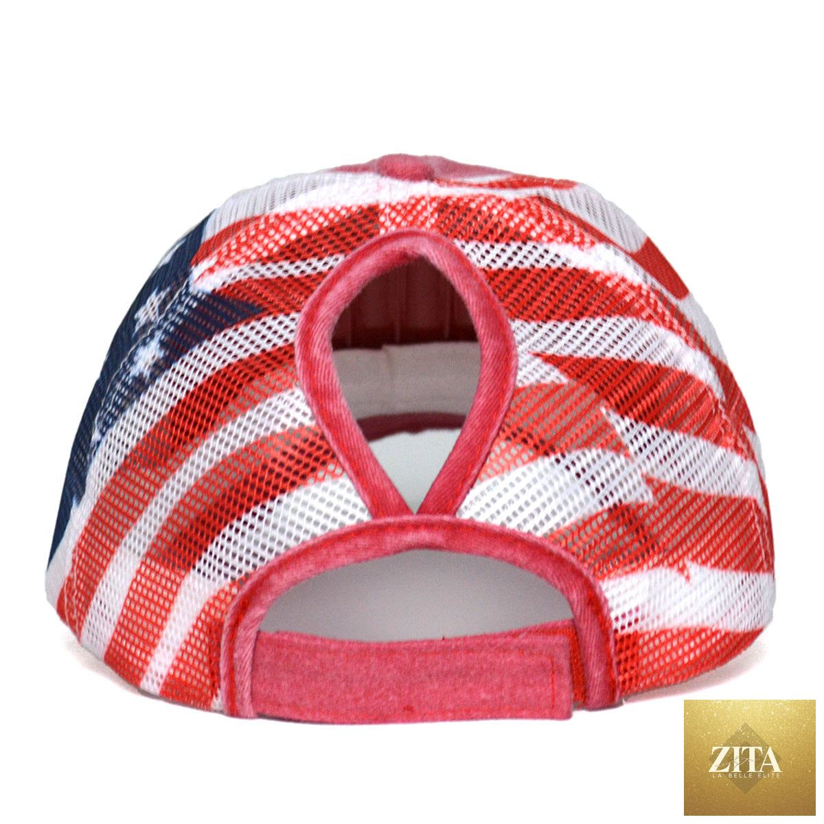 Women's embroidered ripped baseball cap by Zita La Belle Elite with breathable dome top and polyester construction, shown from front view.