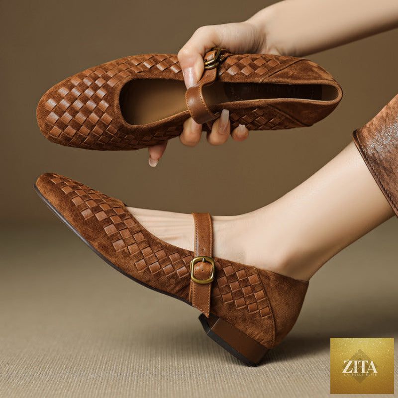 Women's sheepskin Mary Jane shoes by FitiqueFit with single strap, round toe, flat leather design, ideal for casual and comfortable wear.
