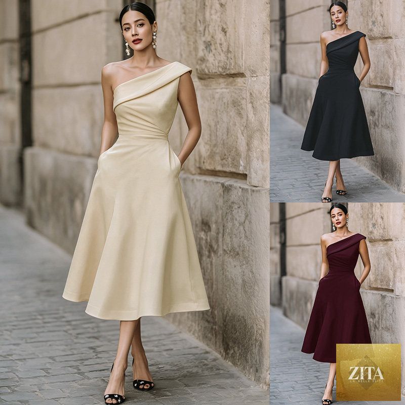 Women's off-shoulder swing dress by FitiqueFit, solid color flowy midi dress with a relaxed, breezy silhouette.