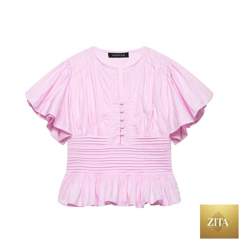 Elegant women's ruffle-trim puff-sleeve blouse top by Zita La Belle Elite, featuring slim fit and casual chic style.