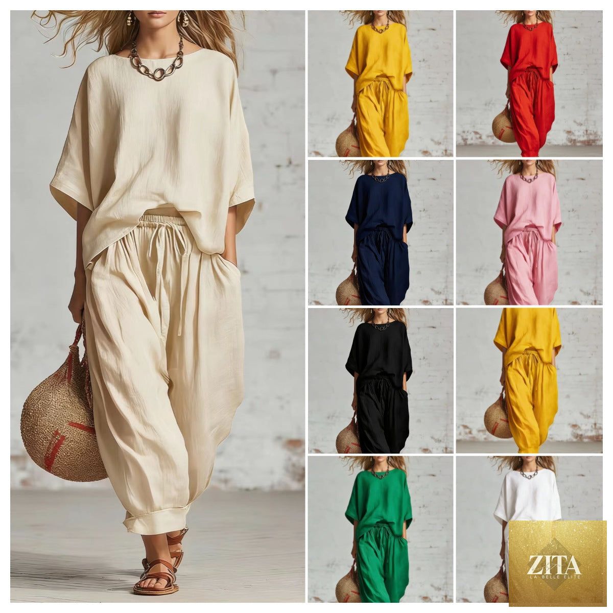 Women's solid color loose casual set by Zita La Belle Elite, includes T-shirt and ankle pants, perfect for comfortable everyday wear.