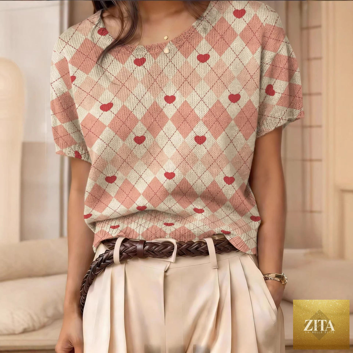 Women's retro short-sleeve jacquard knit top by Zita La Belle Elite, featuring a classic pattern and casual style.