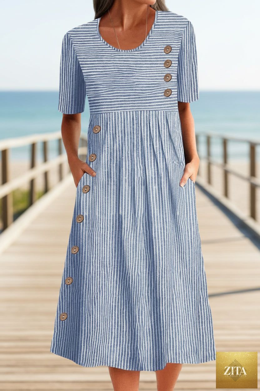 Zita La Belle Elite button-down swing maxi dress with short sleeves and chest pocket, flowing long dress for casual wear
