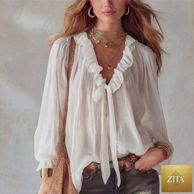 Zita La Belle Elite V-neck loose-fit casual shirt top in no-iron fabric, available in eight colors, shown in beige.