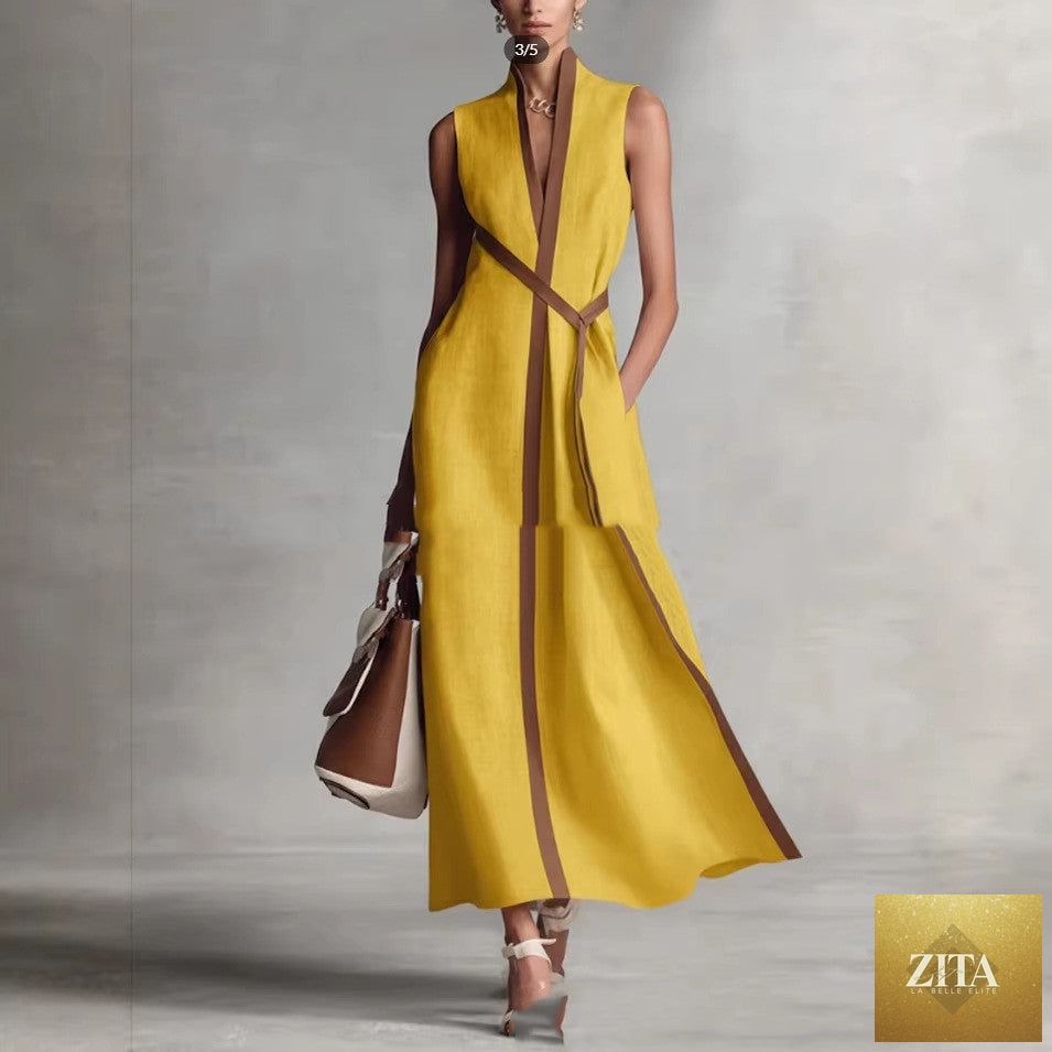 Women's patchwork cardigan and wide-leg pants set in colorblock linen, casualwear by Zita La Belle Elite featuring stylish, relaxed fit.
