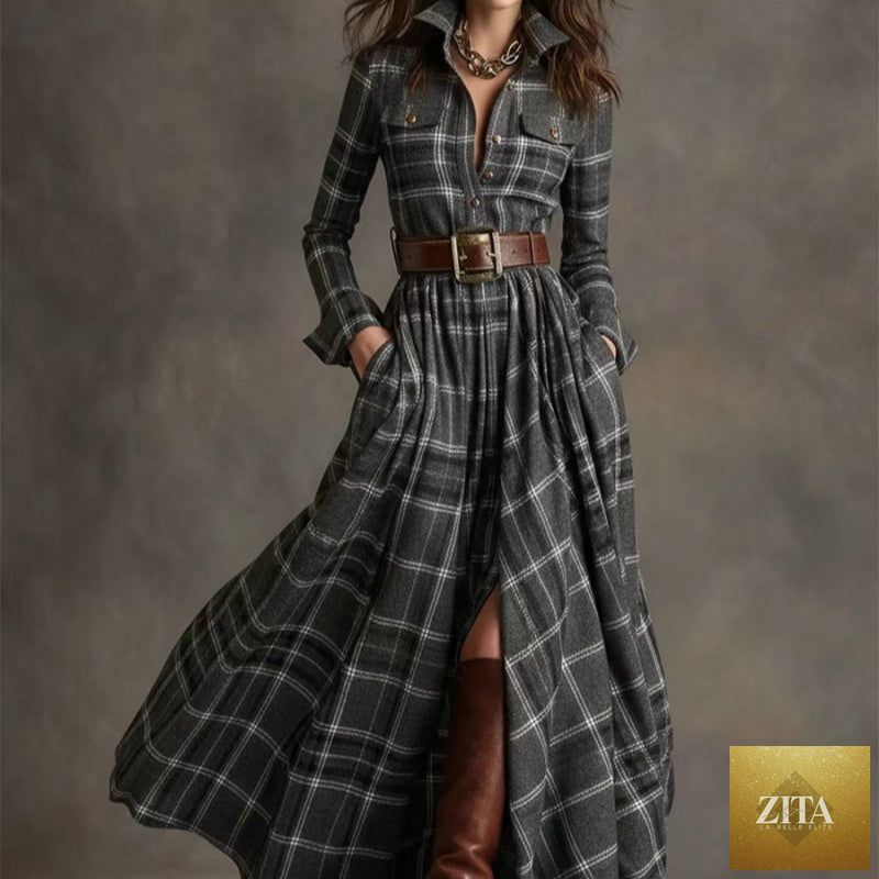 Plus size plaid print long sleeve shirt dress with pockets, casualwear by FitiqueFit, featuring a relaxed fit and stylish design.