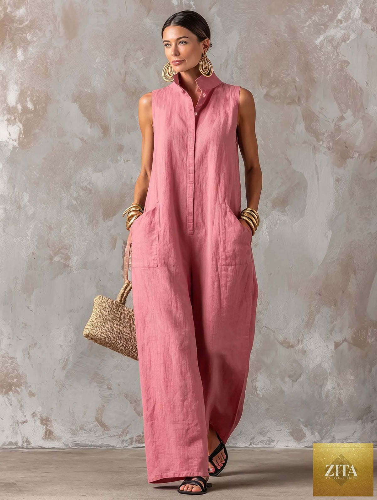 Linen blend sleeveless jumpsuit with stand collar by FitiqueFit in five colors, available in sizes S to 3XL, on a model.