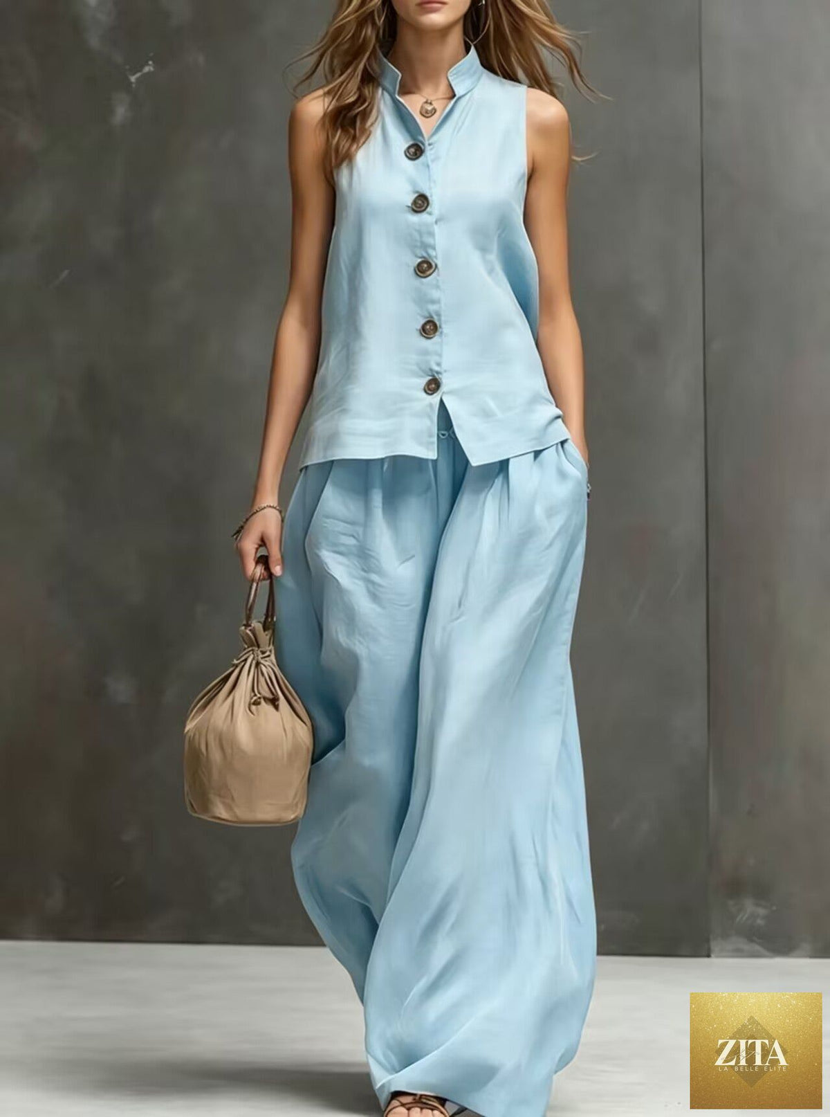 Women's sleeveless vest and wide-leg pants two-piece set made of cotton linen by Zita La Belle Elite, shown in natural fabric and style.