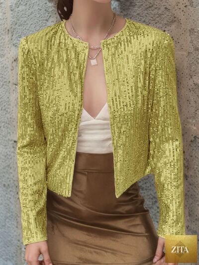 Zita La Belle Elite women's full-size sequin cropped jacket with open front and glamorous sparkle, perfect for party wear.