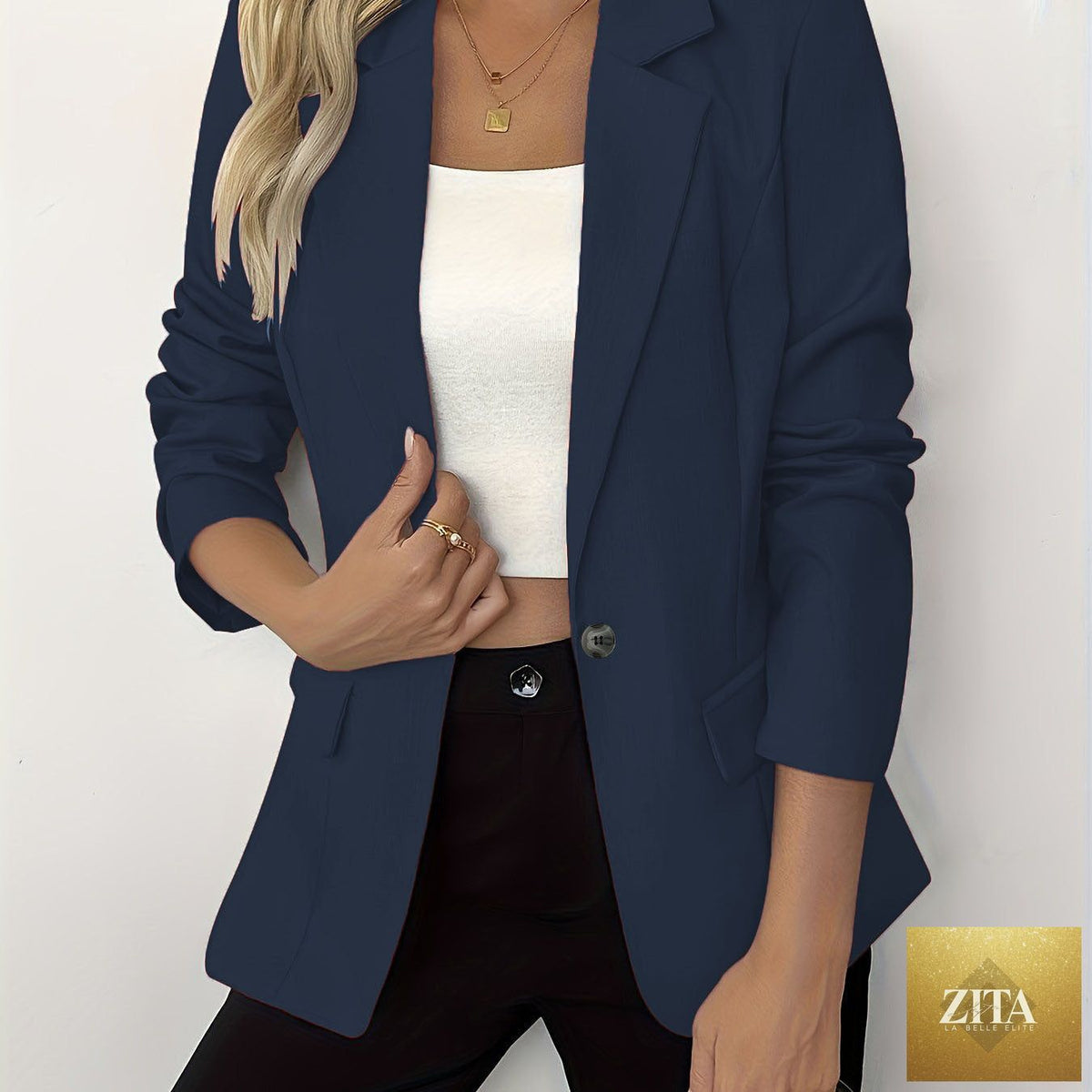 FitiqueFit long-sleeve single-button casual jacket in four colors, available in sizes S to 3XL, shown in black.
