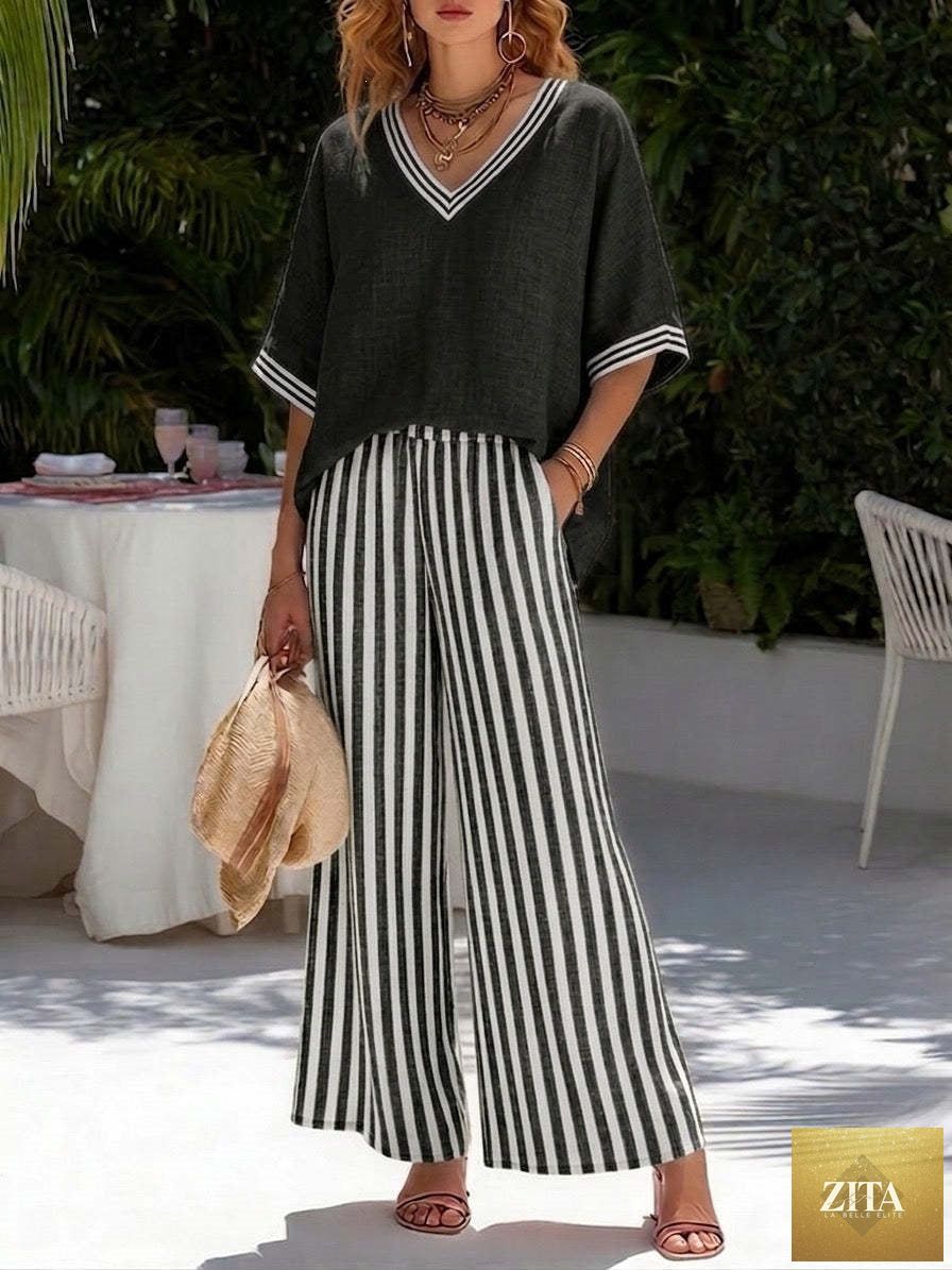 Women's striped tunic top and casual trousers two-piece set by Zita La Belle Elite, featuring a relaxed fit and comfortable style.