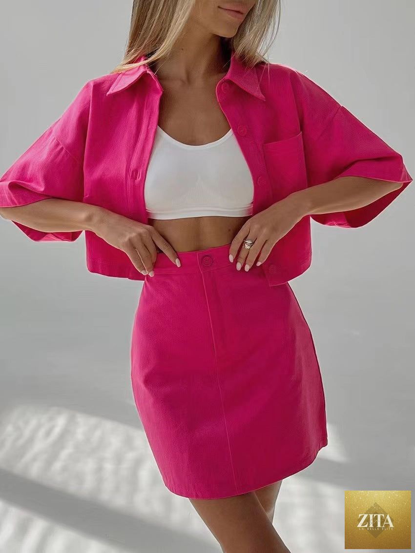 Zita La Belle Elite women's preppy three-quarter sleeve button top and mini skirt set, casualwear, stylish and comfortable.