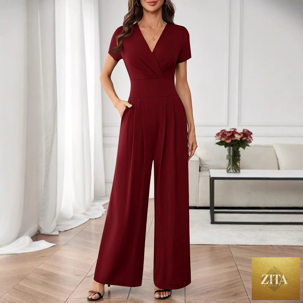 Three-quarter sleeve pleated wide-leg jumpsuit by FitiqueFit in two colors, shown on a model.