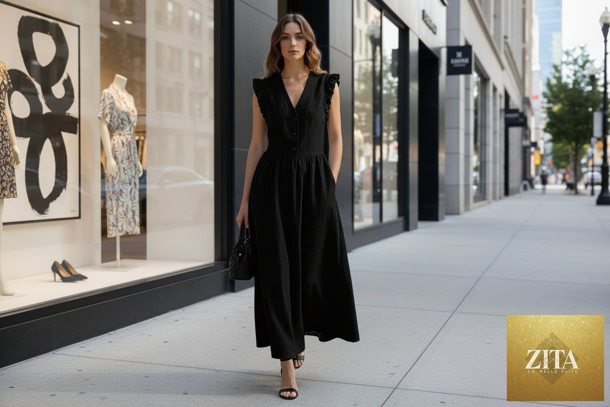 Zita La Belle Elite V-neck puff-sleeve casual dress with pockets in cotton linen, available in seven colors.