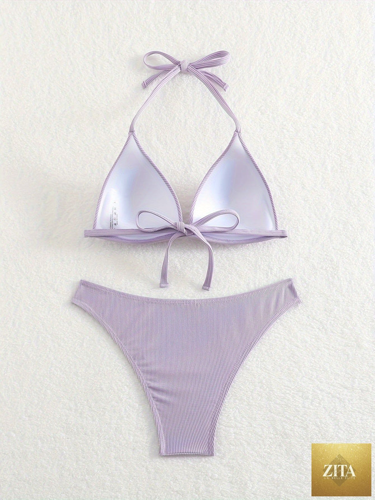 Stevvex rib knit solid color triangle bikini set with adjustable tie back halter and spaghetti straps, ideal for summer beach and poolside.